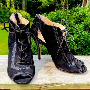 Isola Black Suede Lace Up Peep Toe Heels